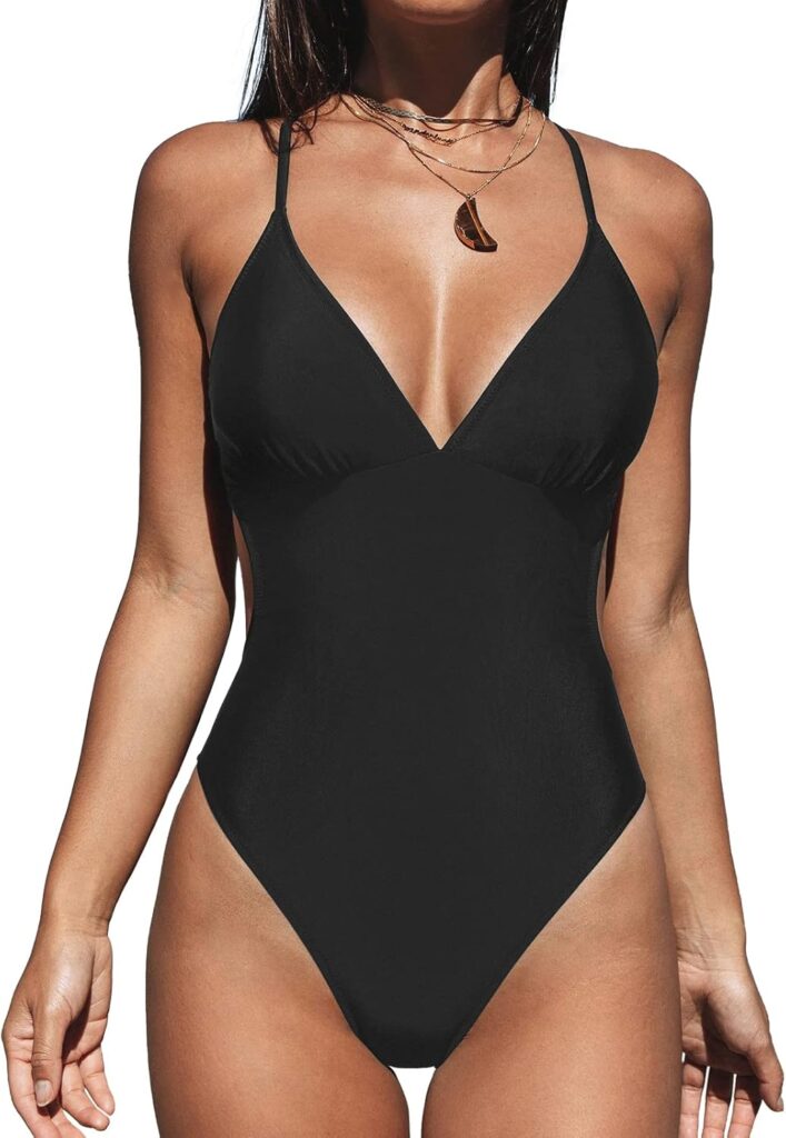 CUPSHE Women Crisscross Back Ruched One Piece Swimsuit Cut Out V Neck High Cut Thin Straps Bathing Suit