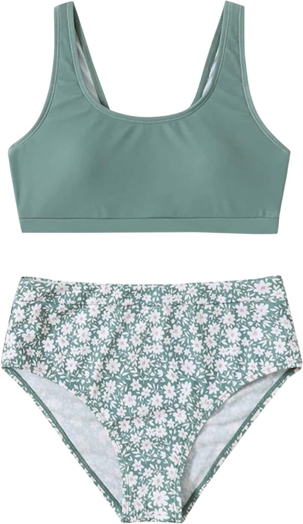 Girl 2 Piece Swimsuits Sport High Waist Bathing Suit Color Block Bikini Set Teen Kids Swimwear High Waisted Suit