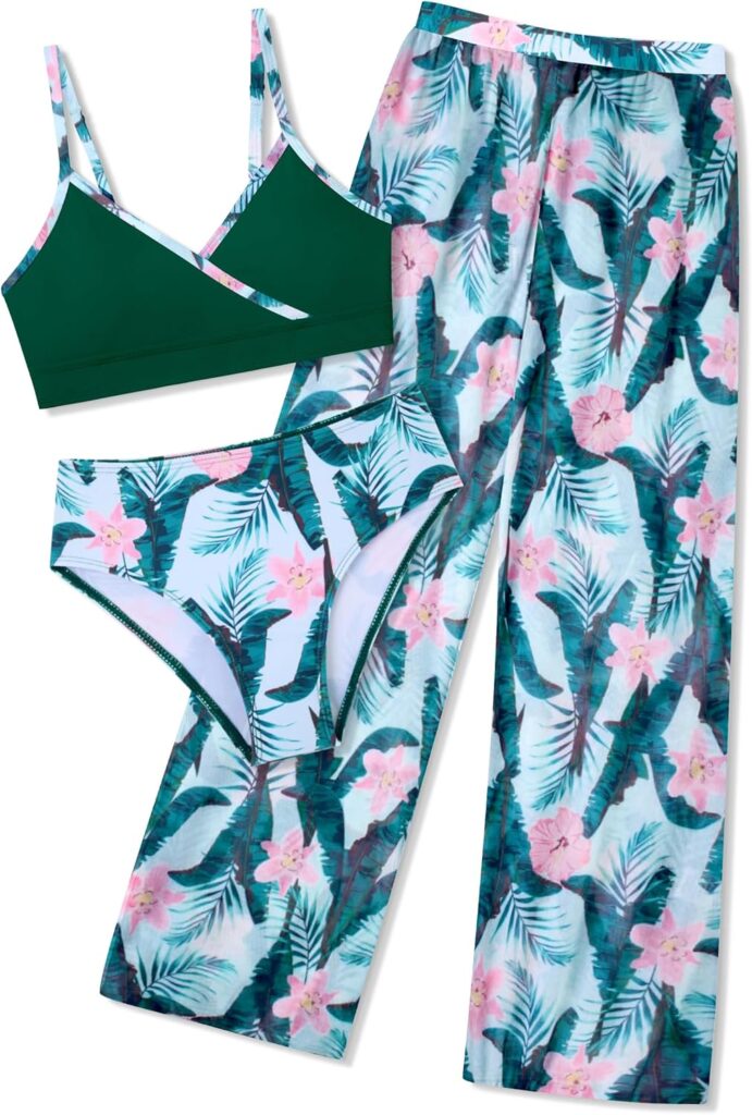 Girls Swimsuit 3 Piece Tropical Print Bathing Suit V Neck Bikini Set with Quick Dry Cover Up Pants 9-16Y