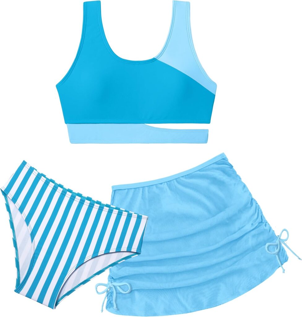 Girls Swimsuit 7-16Y Color Block Girls Bathing Suit 3 Piece Stripe Swimsuits for Teen Girls Bikinis with Cover Up