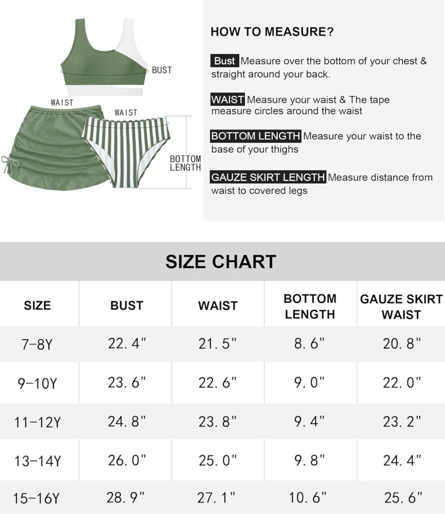 Girls Swimsuit 7-16Y Color Block Girls Bathing Suit 3 Piece Stripe Swimsuits for Teen Girls Bikinis with Cover Up