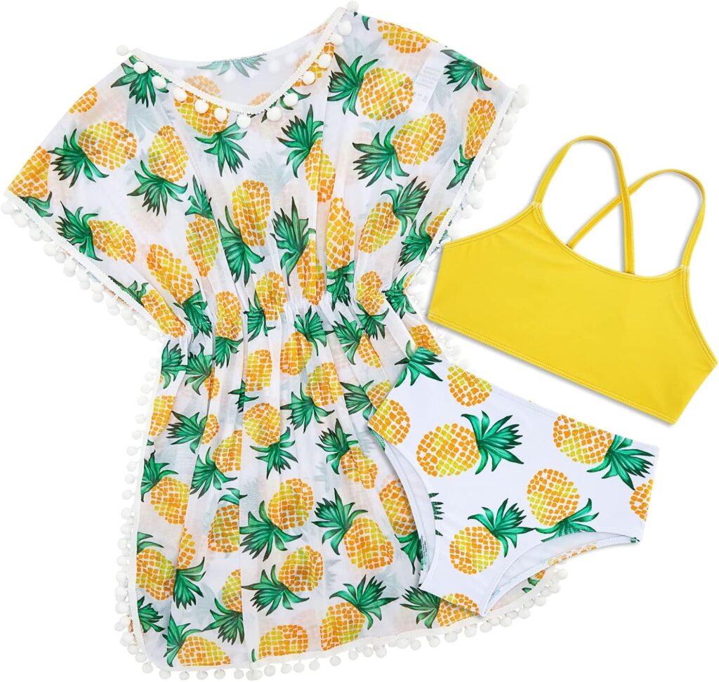 Goodstoworld 7-12Y Girls 3 Piece Cover Up Swimsuit Hawaiian Bikini Bathing Suit with Pompom Tassel