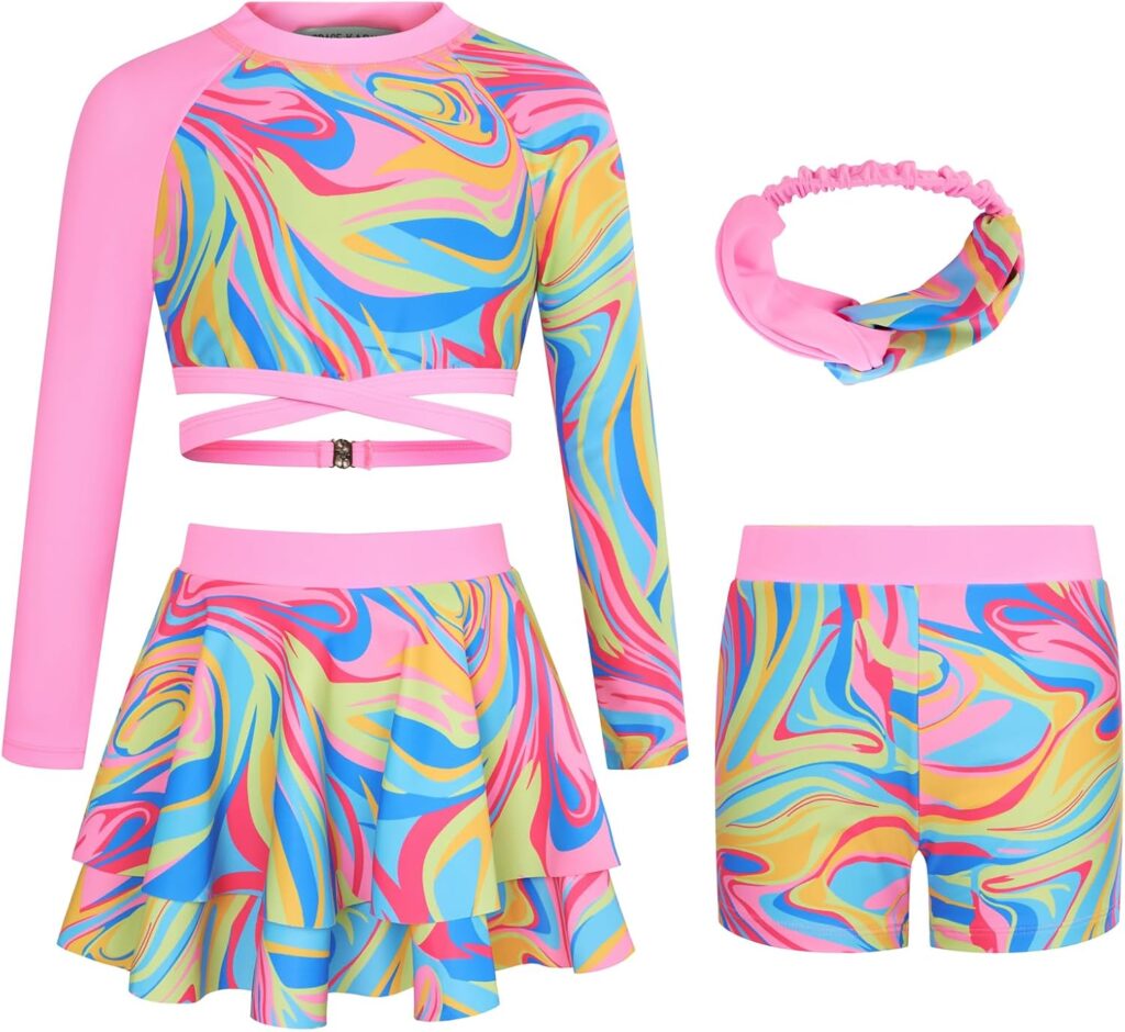 GRACE KARIN Girls Long Sleeve Swimsuit Bathing Suit 4 Piece Tie Back Rashguard with Skirt 5-12