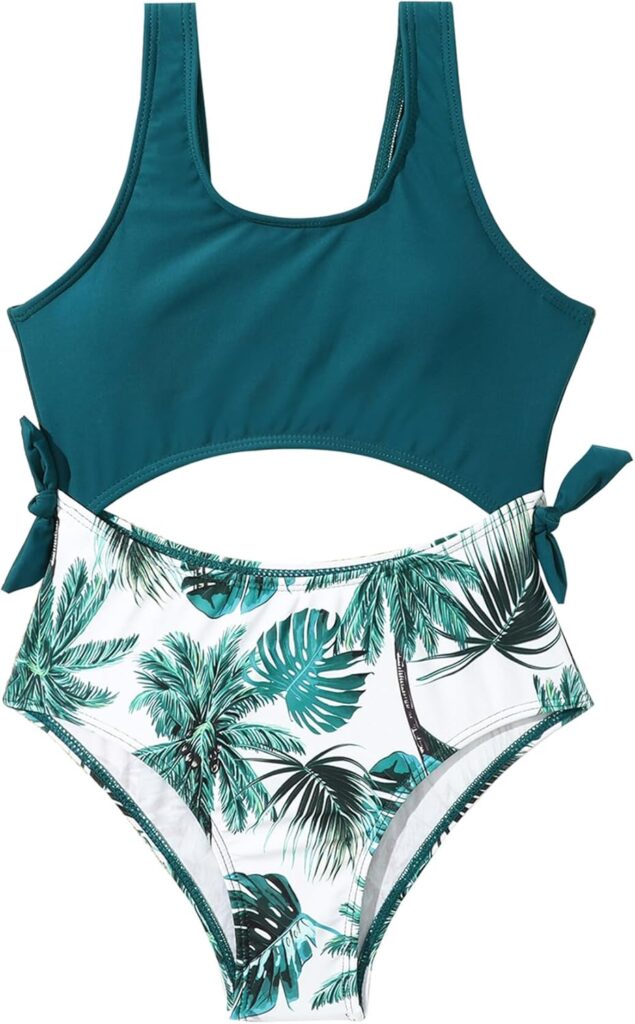 Happy Cherry Girls Swimsuit One Piece Cut Out Kids Bathing Suits Cute Floral Print Color Block Teen Swimwear Size 2-13 Years