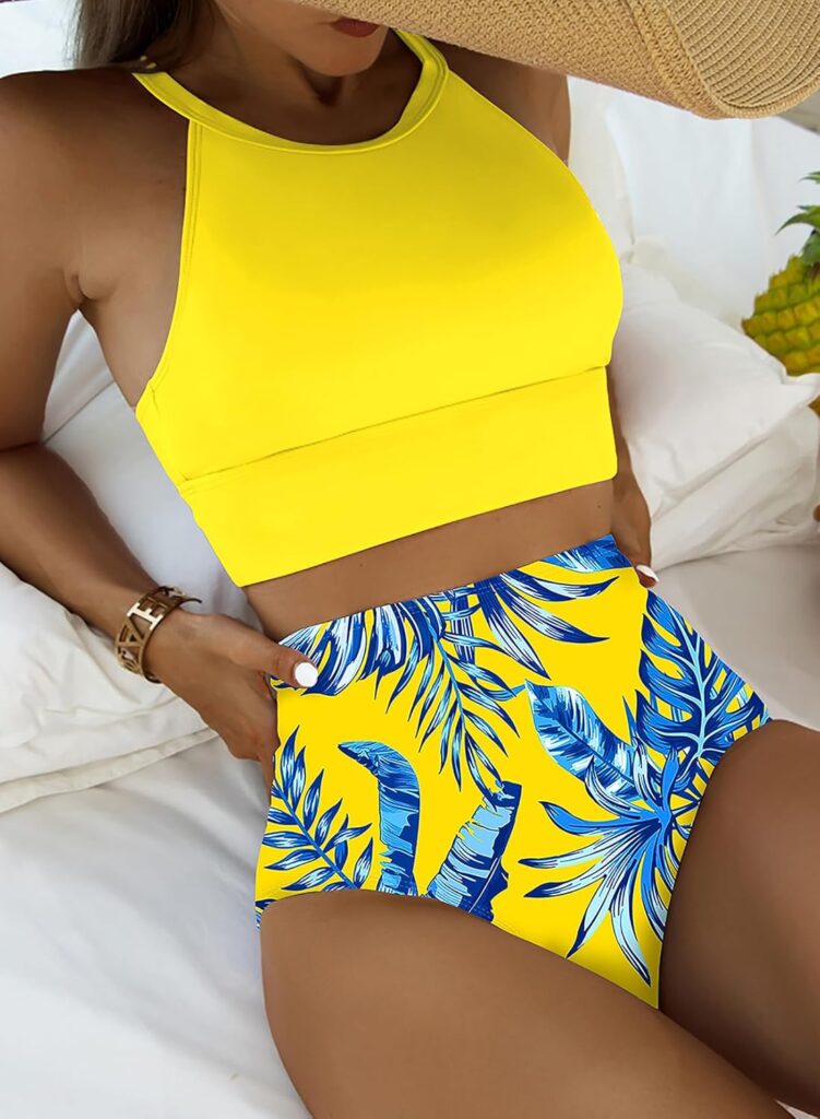 Herseas Womens Bikini Sets High Neck Tropical Leaf Print High Waisted Two Pieces Swimsuits Bathing Suits