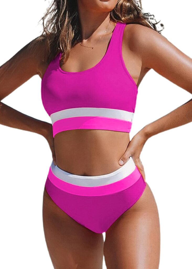 Hilinker Womens High Waisted Bikini Cut Out Sports Crop Top Color Block Swimsuit